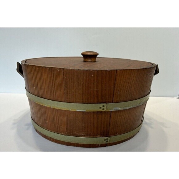 Vintage Shaker Wood Sewing Box with Swing Handle Storage Brass Banded Lid - Picture 2 of 16